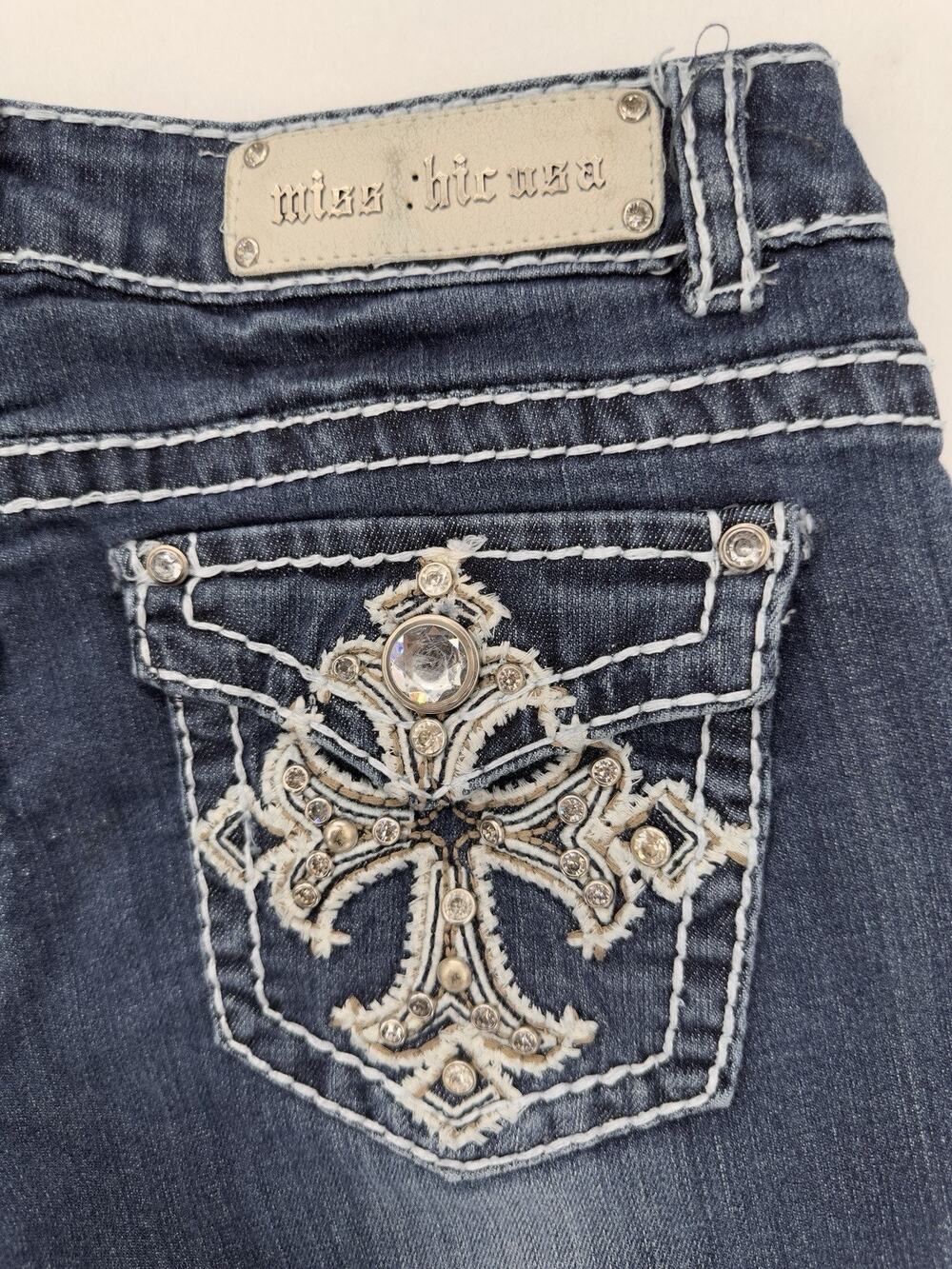 Y2K MISS CHIC Sz 5 Capri‎ Jeans Rhinestone Low Rise Thick White Stitch Womens